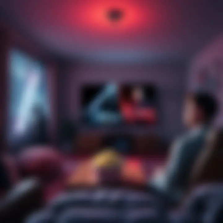 A cozy living room with a TV showing Star Wars scenes, popcorn on a table, and a person looking thoughtfully at the screen.