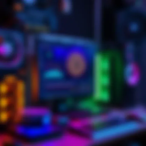 A computer setup with mining hardware and cryptocurrency graphics on the screen