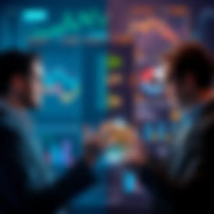 A graphic displaying two groups of investors - one focused on stocks and the other on cryptocurrencies. The stock investors are shown analyzing charts and graphs, while the crypto investors are looking at digital currency icons.