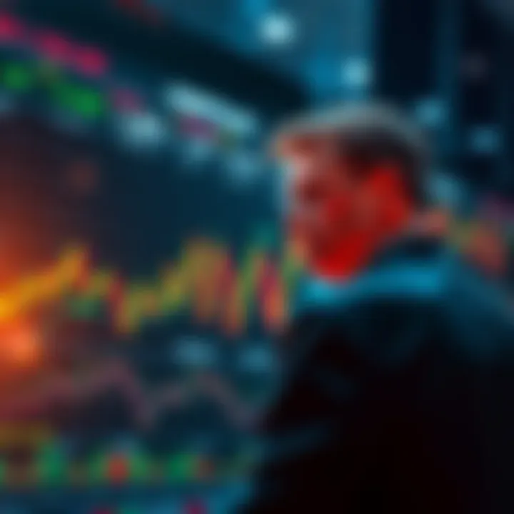 A graphic showing fluctuating stock market charts and a worried person looking at financial data