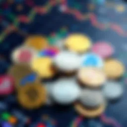 A collection of colorful and unusual cryptocurrency coins with different designs, some looking shiny and others dull, placed on a digital background to represent the crypto market.
