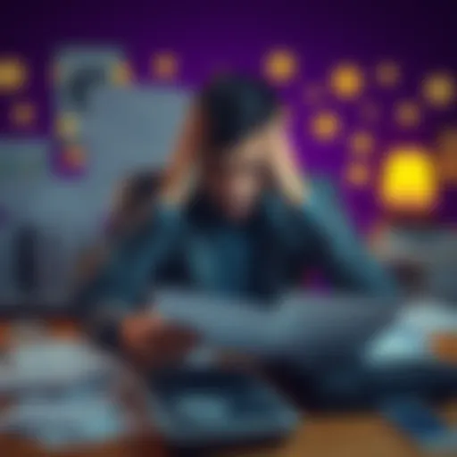 Individual sitting at a desk surrounded by tax documents and cryptocurrency symbols, looking overwhelmed and anxious about managing complex crypto taxes.