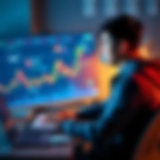 A student sitting at a desk with a laptop, looking at charts related to Bitcoin prices, contemplating investment options for long-term holding.
