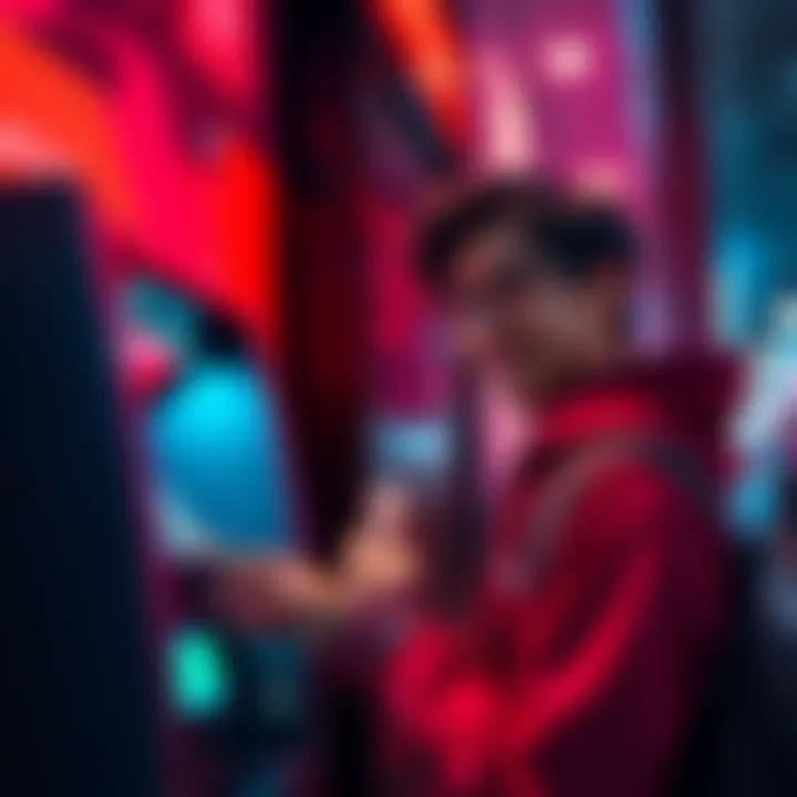 A student at an ATM withdrawing cash from a cryptocurrency account, looking pleased with the transaction