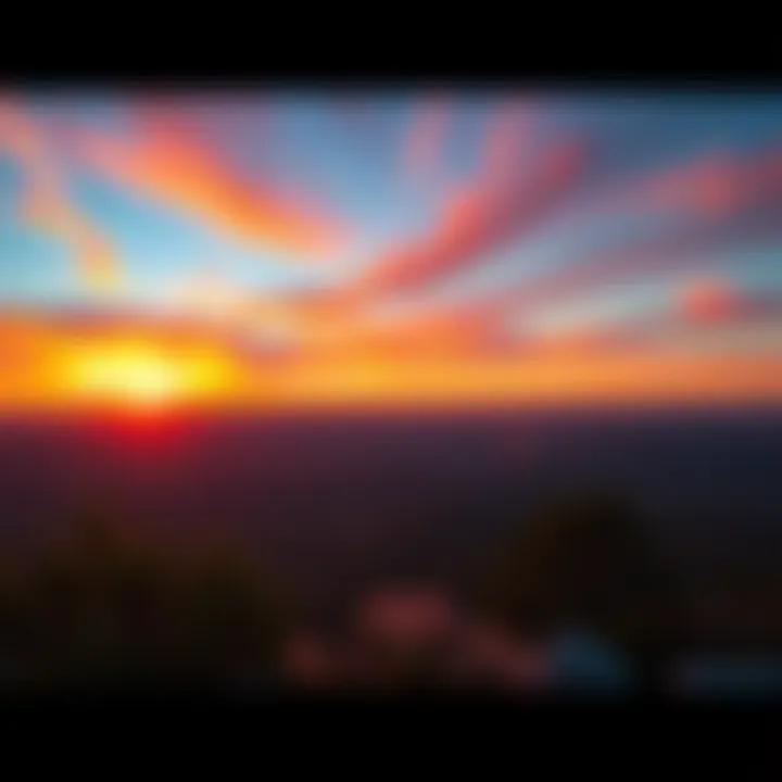 A vibrant sunset casts colorful hues over a peaceful landscape, viewed from a scenic overlook.