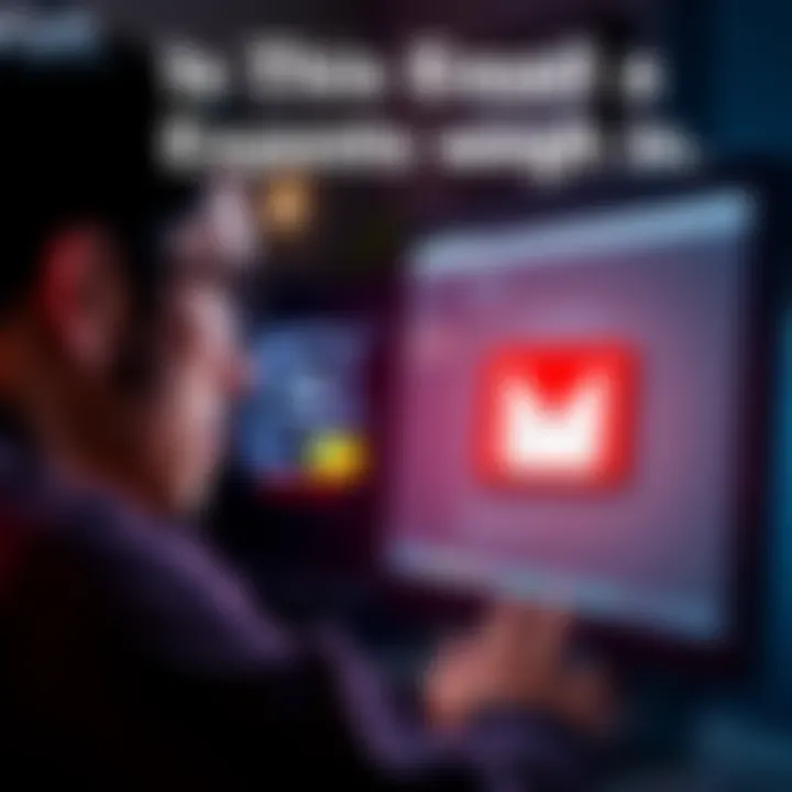 A concerned person looking at a suspicious email on a computer screen with a red flag icon next to it.