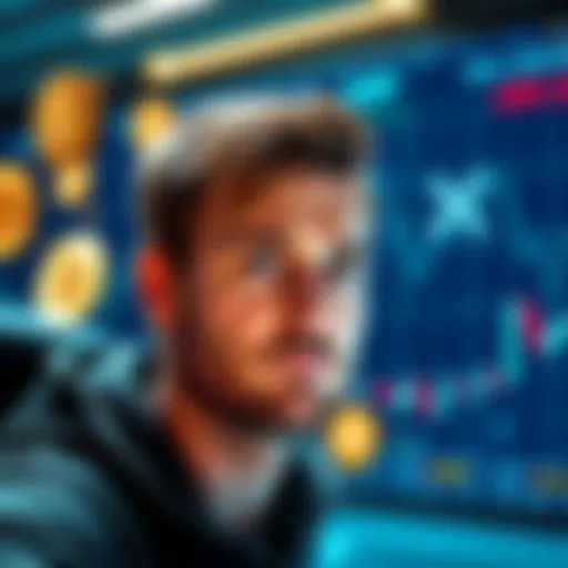 A user looks concerned while swapping Bitcoin for XRP on a trading platform with cryptocurrency symbols in the background.