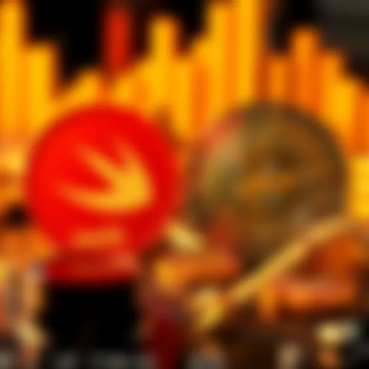 A visual comparison of Swift payments symbols and Bitcoin logo, highlighting their differences in digital transactions.