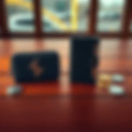 Side-by-side view of Tangem and Ledger cold wallets on a wooden table with digital currency symbols around them