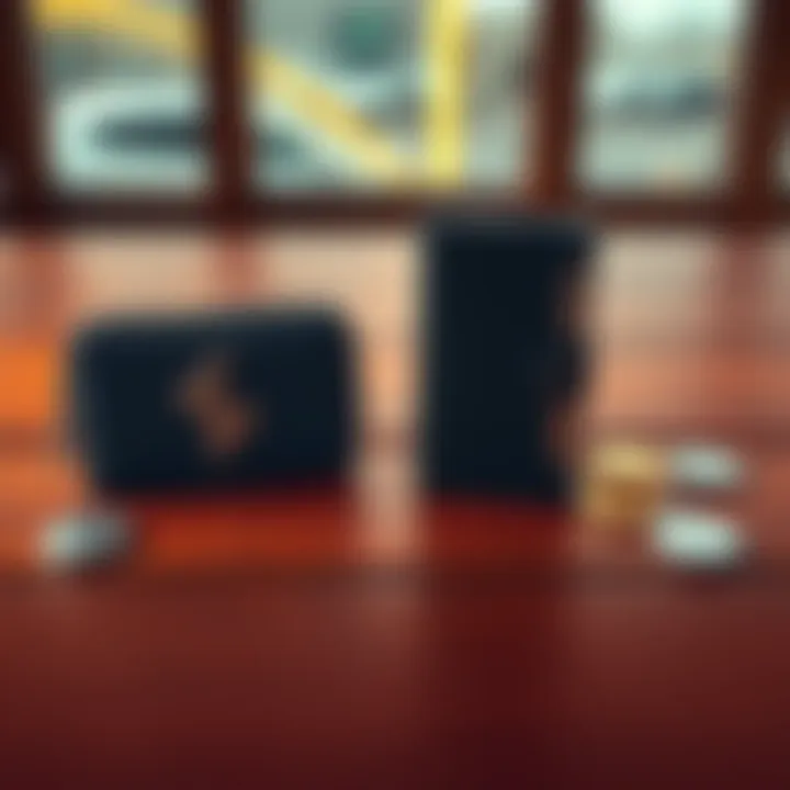 Side-by-side view of Tangem and Ledger cold wallets on a wooden table with digital currency symbols around them