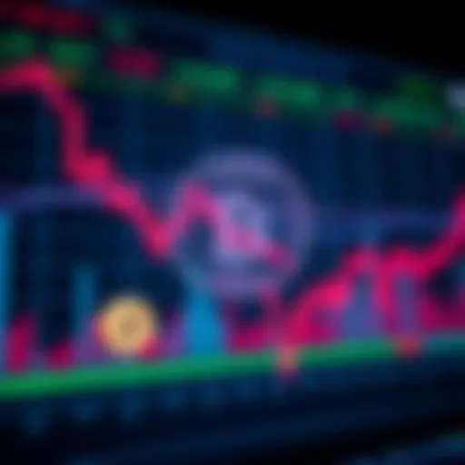 A stock market chart showing a decline with altcoin symbols in the background and a tariff sign overlay.