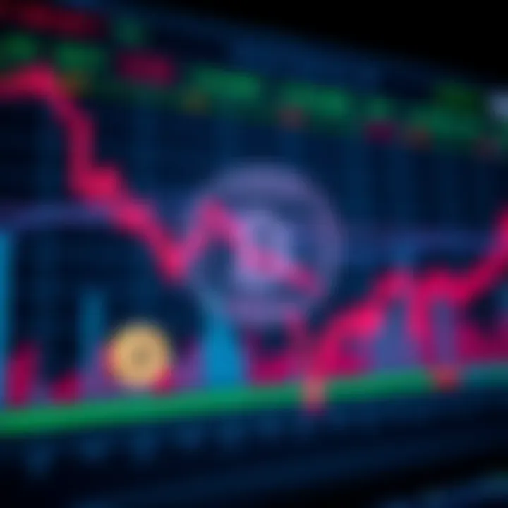 A stock market chart showing a decline with altcoin symbols in the background and a tariff sign overlay.