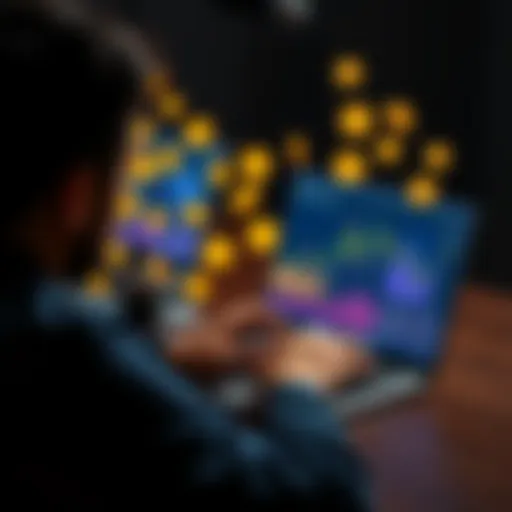 A person using a laptop with tax software on the screen, analyzing cryptocurrency gains, surrounded by crypto icons.