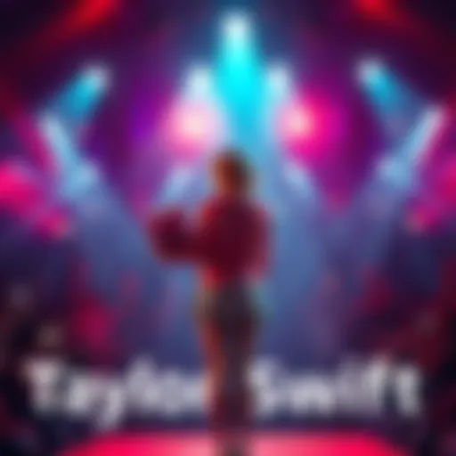 Taylor Swift stands on stage holding her new album as fans cheer and lights flash in the background