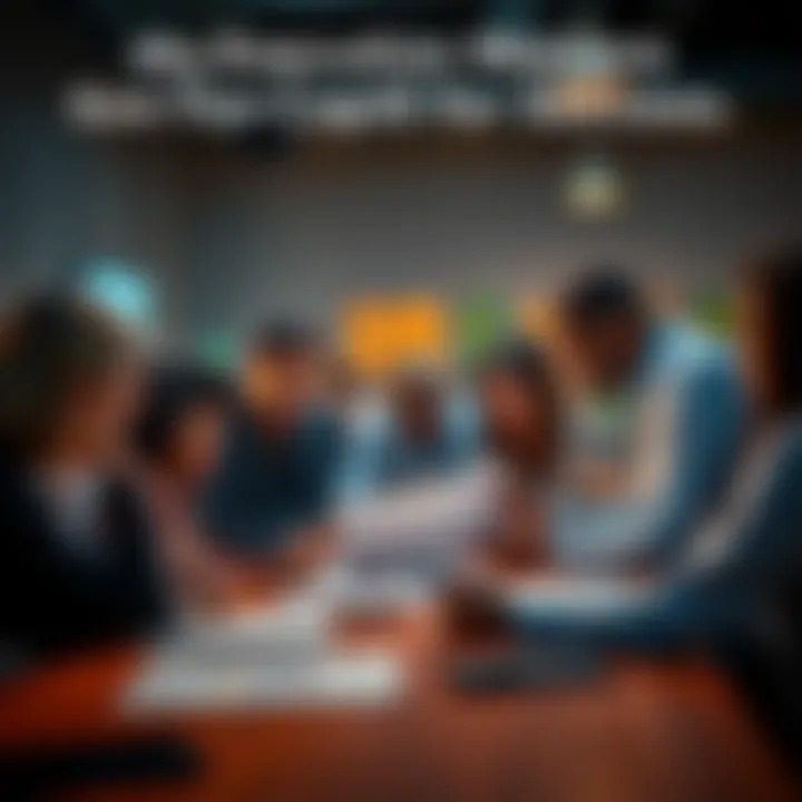 A diverse group of people collaborating around a table, reviewing project plans and taking notes, emphasizing the importance of execution in achieving success.
