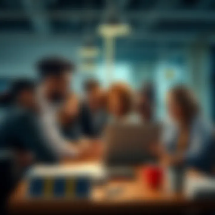 A diverse group of employees working together at a desk, discussing ideas and looking at a laptop to enhance workplace performance.