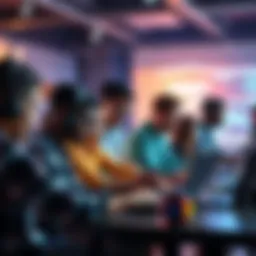 A diverse group of individuals collaborating at a hackathon event, sharing ideas and working on laptops.