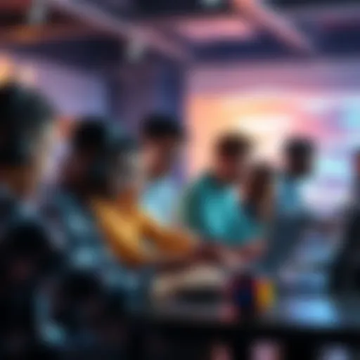 A diverse group of individuals collaborating at a hackathon event, sharing ideas and working on laptops.