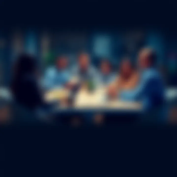 A team of diverse professionals is sitting around a table, discussing the requirements for business accounts, with laptops and documents in front of them.