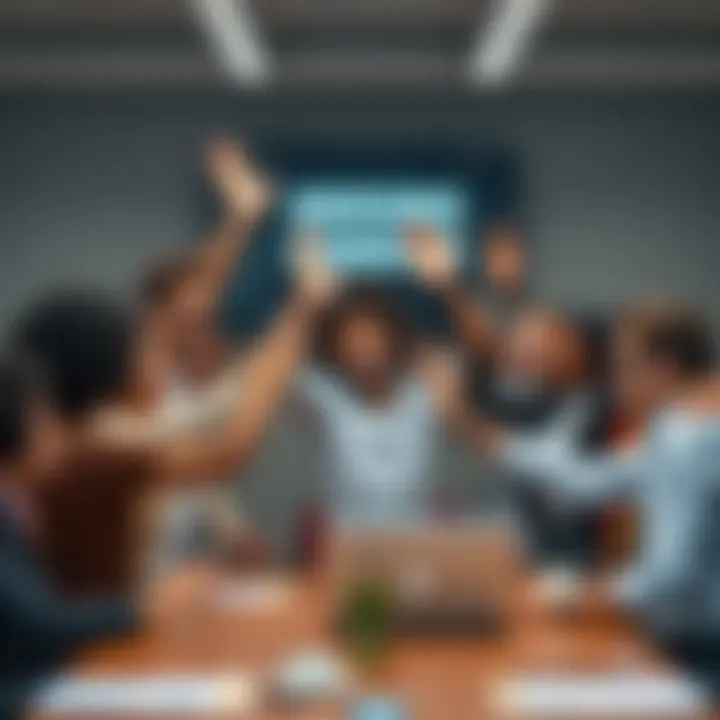 A group of diverse people in a meeting room, smiling and high-fiving each other after achieving a major goal.