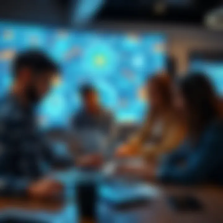 A diverse group of people collaborating on laptops with AI and machine learning visuals on screens