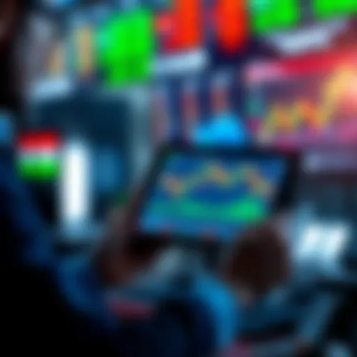 A trader using a tablet with stock graphs and data on the screen, showcasing technology in finance.