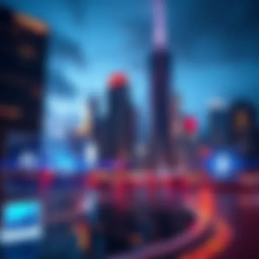A futuristic city skyline with digital interfaces displaying AI and blockchain symbols