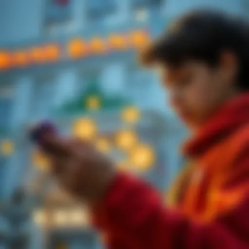 A young person checking their smartphone with cryptocurrency symbols and a bank building in the background