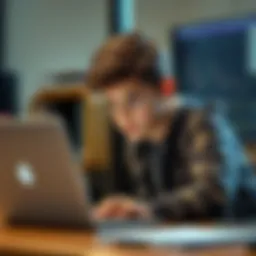 A 16-year-old boy sitting at a desk with a laptop, researching cryptocurrency investment options, looking determined and focused.