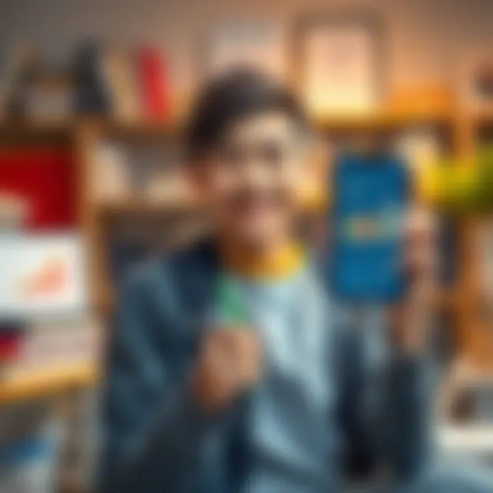 A 15-year-old student smiles while holding a smartphone displaying investment growth charts, surrounded by books and supplies.