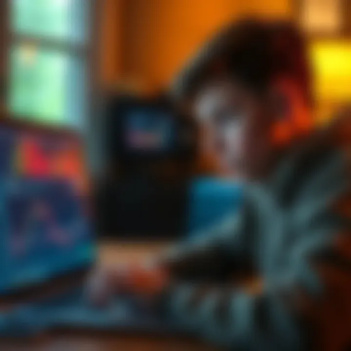 A teenager glances at a Bitcoin price chart on their laptop, contemplating an investment away from their father's supervision.