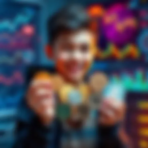 A teenage boy smiling while holding various crypto tokens in his hands, surrounded by technology and charts.