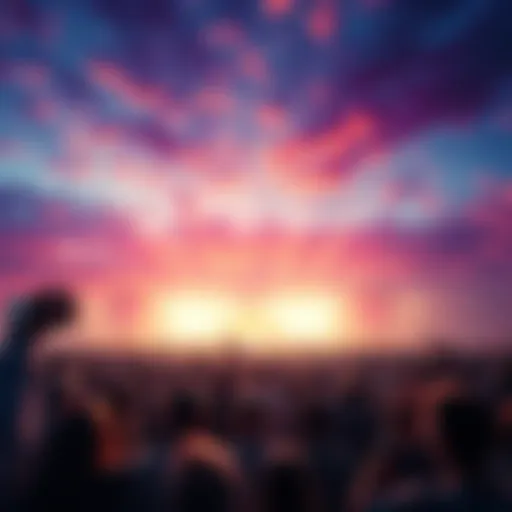 A crowd gathering under a colorful sky, expressions of excitement and anxiety as they await an upcoming event. Bright lights illuminate the scene, setting a lively atmosphere.