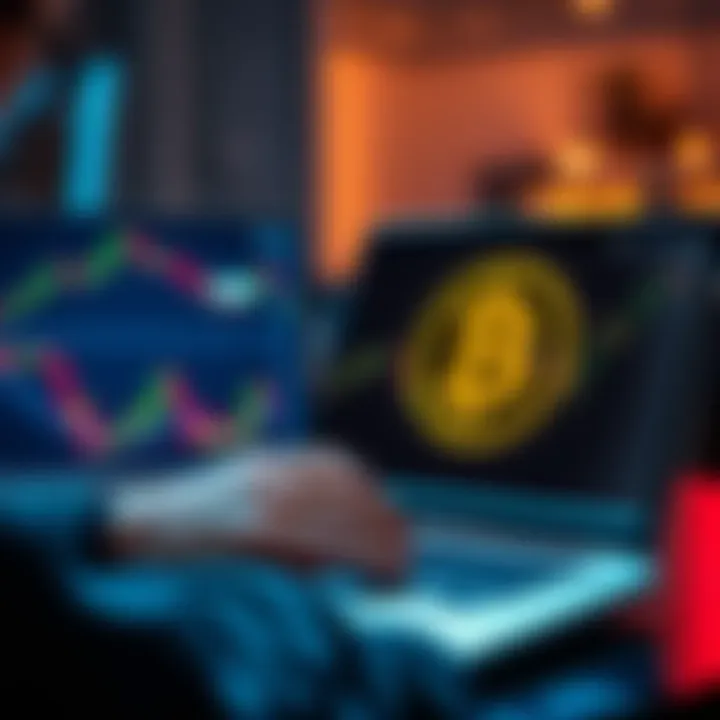 A person analyzing stock graphs and Dogecoin symbol on a laptop, representing investment choices.
