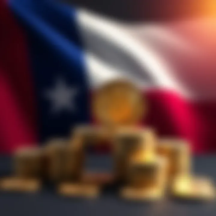 Texas flag with Bitcoin symbol and stacks of coins, representing potential investment in cryptocurrency