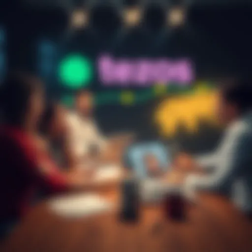 A group of diverse people brainstorming innovative ideas around a table with laptops and papers, symbolizing collaboration in blockchain development.