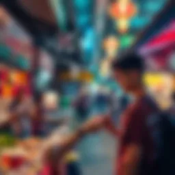 A tourist using a mobile app for cryptocurrency payments at a Thai market, surrounded by vibrant street stalls and local food.