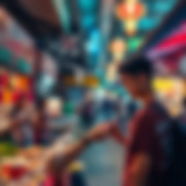 A tourist using a mobile app for cryptocurrency payments at a Thai market, surrounded by vibrant street stalls and local food.