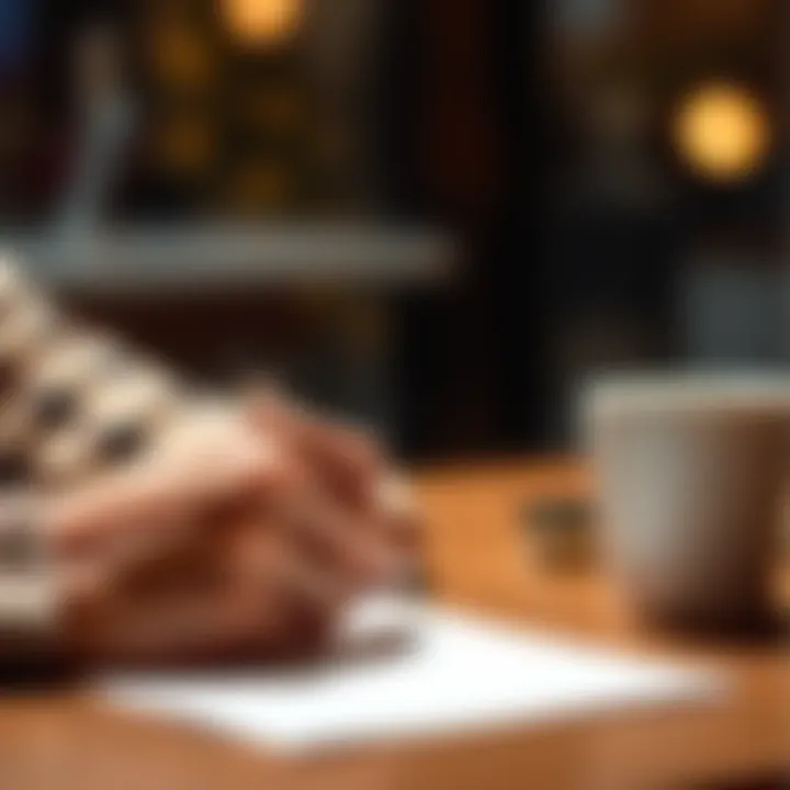 A person writing a thank you note to show appreciation for quality service, with a cup of coffee nearby.