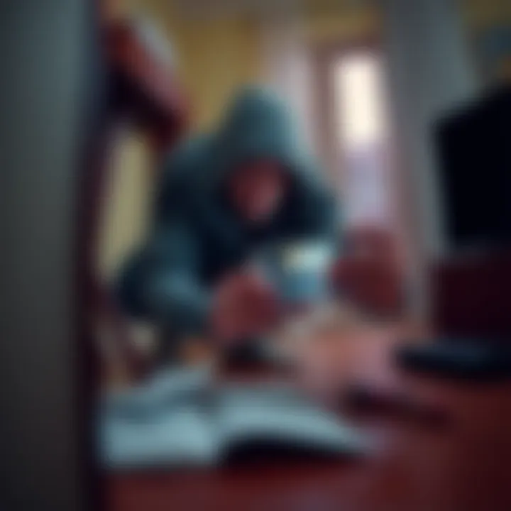 A thief crouched in an apartment, taking a photo of a crypto seed phrase written on paper, with a look of intent as they focus on their phone camera.