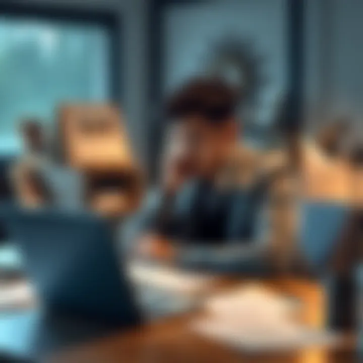 A person sitting at a desk, deep in thought, surrounded by notes and a laptop, symbolizing uncertainty about future success.