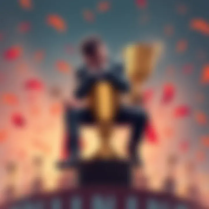Person sitting on a trophy, looking exhausted and contemplative, surrounded by empty victory symbols