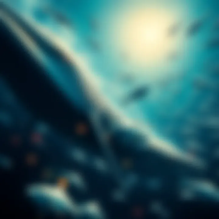A visual representation of a token sale showing large fish, symbolizing whales, surrounded by smaller fish, representing smaller investors, in a digital currency setting.