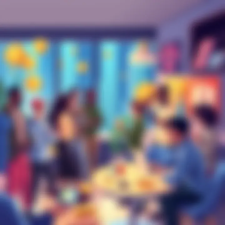 An illustration showcasing a diverse group of people engaging with $POWSCHE in a vibrant community setting, surrounded by luxury items and digital tokens.