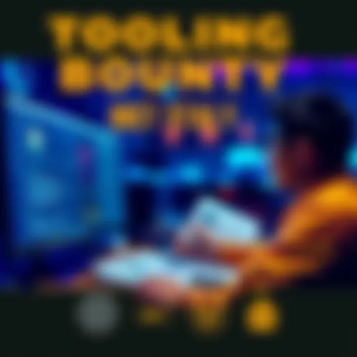 A person looking at a computer screen with various documents about Tooling Bounty on the desk, expressing curiosity.