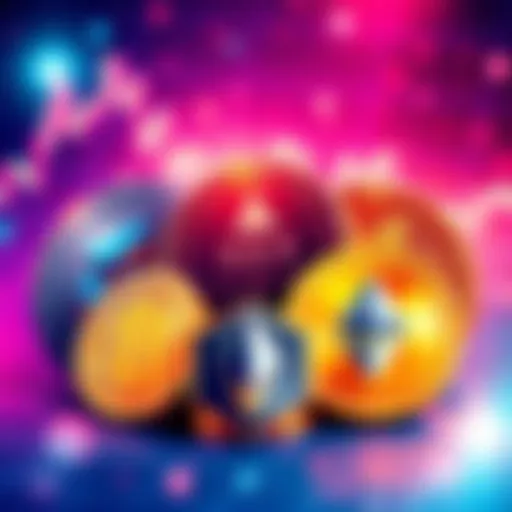 An illustration of five popular cryptocurrencies represented with their symbols, including Bitcoin, HEX, Ethereum, Pulse, and PulseX, with a bright financial background.
