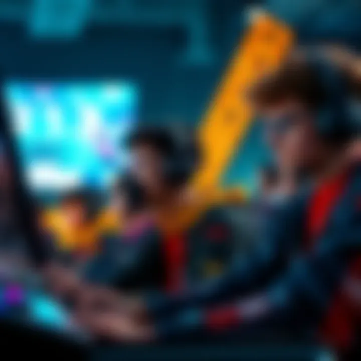A group of skilled players focused on their screens during a mini game competition, showing high levels of concentration and teamwork.