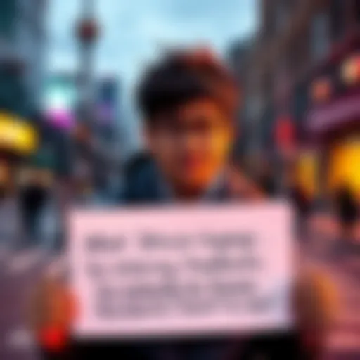 A Toronto resident holding a sign asking for community feedback on Bitcoin topics for Instagram posts.