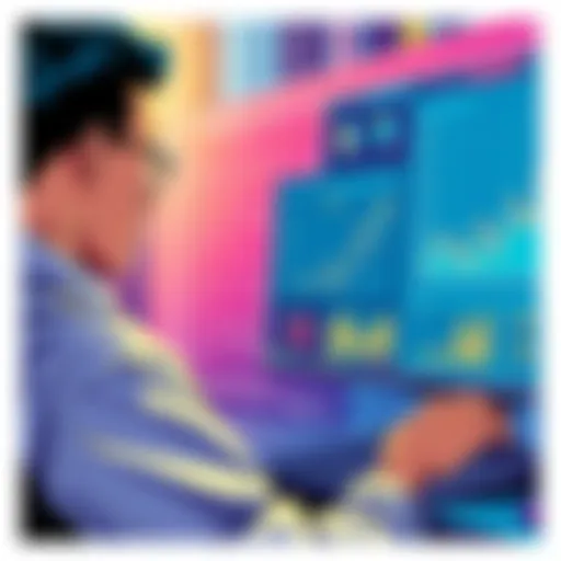 Illustration of a person analyzing blockchain data, displaying charts and hidden transfers in the background, representing event tracking in DeFi applications.