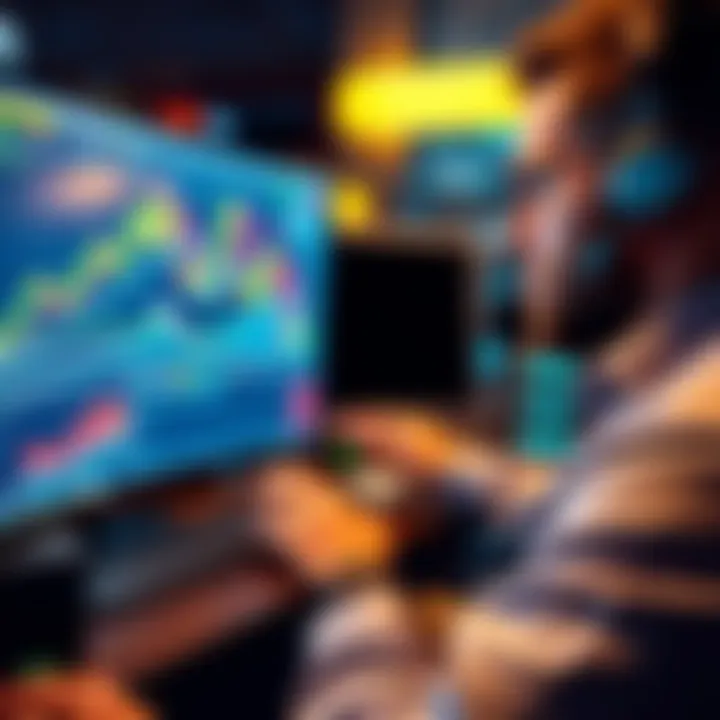 A trader looking at a computer screen with charts and graphs, showing the risks of cryptocurrency cross margin trading on Binance